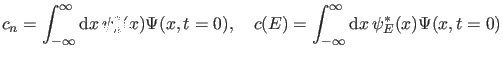 $\displaystyle c_n=\int_{-\infty}^{\infty} \dd x \, \psi_n^*(x) \Psi(x,t=0), \quad c(E)=\int_{-\infty}^{\infty} \dd x \, \psi_E^*(x) \Psi(x,t=0)$