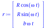 rtable(1 .. 3, [`*`(R, `*`(cos(`*`(omega, `*`(t))))), `*`(R, `*`(sin(`*`(omega, `*`(t))))), `*`(b, `*`(omega, `*`(t)))], subtype = Vector[column]); 