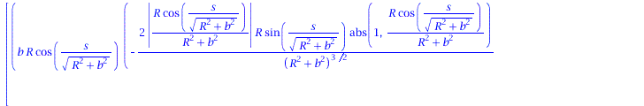 rtable(1 .. 3, [`+`(`-`(`/`(`*`(`/`(1, 2), `*`(b, `*`(R, `*`(sin(`/`(`*`(s), `*`(sqrt(`+`(`*`(`^`(R, 2)), `*`(`^`(b, 2))))))), `*`(`+`(`-`(`/`(`*`(2, `*`(abs(`/`(`*`(R, `*`(cos(`/`(`*`(s), `*`(sqrt(`+...