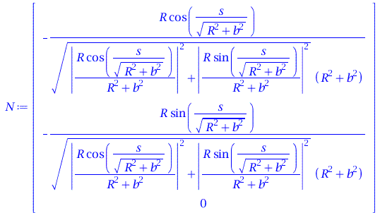 rtable(1 .. 3, [`+`(`-`(`/`(`*`(R, `*`(cos(`/`(`*`(s), `*`(sqrt(`+`(`*`(`^`(R, 2)), `*`(`^`(b, 2))))))))), `*`(sqrt(`+`(`*`(`^`(abs(`/`(`*`(R, `*`(cos(`/`(`*`(s), `*`(sqrt(`+`(`*`(`^`(R, 2)), `*`(`^`(...
