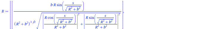rtable(1 .. 3, [`/`(`*`(b, `*`(R, `*`(sin(`/`(`*`(s), `*`(sqrt(`+`(`*`(`^`(R, 2)), `*`(`^`(b, 2)))))))))), `*`(`^`(`+`(`*`(`^`(R, 2)), `*`(`^`(b, 2))), `/`(3, 2)), `*`(sqrt(`+`(`*`(`^`(abs(`/`(`*`(R, ...