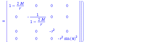 table( [( index_char ) = [-1, -1], ( compts ) = array( 1 .. 4, 1 .. 4, [( 3, 3 ) = `+`(`-`(`*`(`^`(r, 2)))), ( 4, 4 ) = `+`(`-`(`*`(`^`(r, 2), `*`(`^`(sin(theta), 2))))), ( 1, 1 ) = `+`(1, `-`(`/`(`*`...