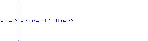 `:=`(g, table([index_char = [-1, -1], compts = Matrix(%id = 42830864)]))