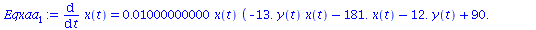 diff(x(t), t) = `+`(`*`(0.1000000000e-1, `*`(x(t), `*`(`+`(`-`(`*`(13., `*`(y(t), `*`(x(t))))), `-`(`*`(181., `*`(x(t)))), `-`(`*`(12., `*`(y(t)))), 90., `*`(91., `*`(`^`(x(t), 2))), `-`(`*`(75., `*`(...