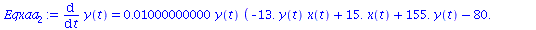 diff(y(t), t) = `+`(`*`(0.1000000000e-1, `*`(y(t), `*`(`+`(`-`(`*`(13., `*`(y(t), `*`(x(t))))), `*`(15., `*`(x(t))), `*`(155., `*`(y(t))), `-`(80.), `*`(91., `*`(`^`(x(t), 2))), `-`(`*`(75., `*`(`^`(y...