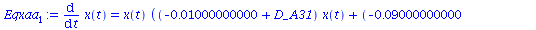 diff(x(t), t) = `*`(x(t), `*`(`+`(`*`(`+`(`-`(0.1000000000e-1), D_A31), `*`(x(t))), `*`(`+`(`-`(0.9000000000e-1), D_A32), `*`(y(t))), `*`(`+`(.8000000000, D_A33), `*`(`+`(1, `-`(x(t)), `-`(y(t))))), `...