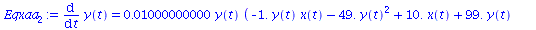 diff(y(t), t) = `+`(`*`(0.1000000000e-1, `*`(y(t), `*`(`+`(`-`(`*`(1., `*`(y(t), `*`(x(t))))), `-`(`*`(49., `*`(`^`(y(t), 2)))), `*`(10., `*`(x(t))), `*`(99., `*`(y(t))), `-`(50.), `*`(81., `*`(`^`(x(...