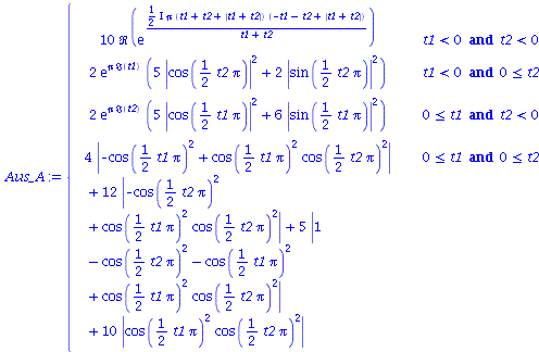 `:=`(Aus_A, piecewise(`and`(`<`(t1, 0), `<`(t2, 0)), `+`(`*`(10, `*`(Re(exp(`/`(`*`(`*`(`/`(1, 2), I), `*`(Pi, `*`(`+`(t1, t2, abs(`+`(t1, t2))), `*`(`+`(`-`(t1), `-`(t2), abs(`+`(t1, t2))))))), `*`(`...