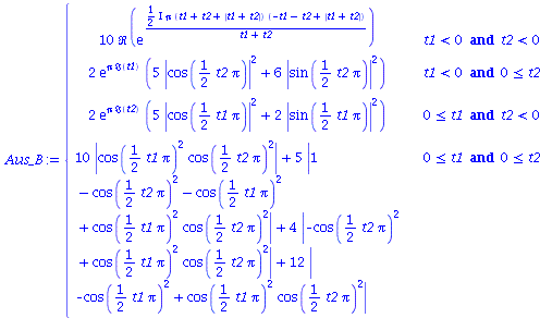 piecewise(`and`(`<`(t1, 0), `<`(t2, 0)), `+`(`*`(10, `*`(Re(exp(`/`(`*`(`*`(`/`(1, 2), `*`(I)), `*`(Pi, `*`(`+`(t1, t2, abs(`+`(t1, t2))), `*`(`+`(`-`(t1), `-`(t2), abs(`+`(t1, t2))))))), `*`(`+`(t1, ...