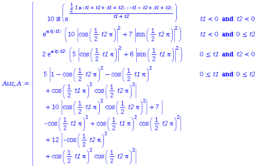 `:=`(Aus_A, piecewise(`and`(`<`(t1, 0), `<`(t2, 0)), `+`(`*`(10, `*`(Re(exp(`/`(`*`(`*`(`/`(1, 2), I), `*`(Pi, `*`(`+`(t1, t2, abs(`+`(t1, t2))), `*`(`+`(`-`(t1), `-`(t2), abs(`+`(t1, t2))))))), `*`(`...