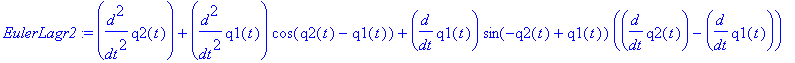 EulerLagr2 := diff(q2(t),`$`(t,2))+diff(q1(t),`$`(t,2))*cos(q2(t)-q1(t))+diff(q1(t),t)*sin(-q2(t)+q1(t))*(diff(q2(t),t)-diff(q1(t),t))+diff(q1(t),t)*diff(q2(t),t)*sin(q2(t)-q1(t))+9.81*sin(q2(t)) = -.2...